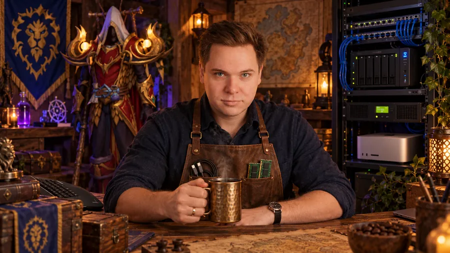 Anton with a coffee mug in the workshop, Alliance on the left and technology on the right